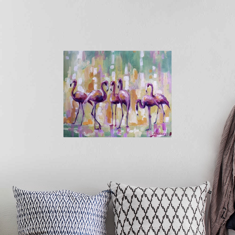 A bohemian room featuring Contemporary painting of flamingos against a colorful abstract background.