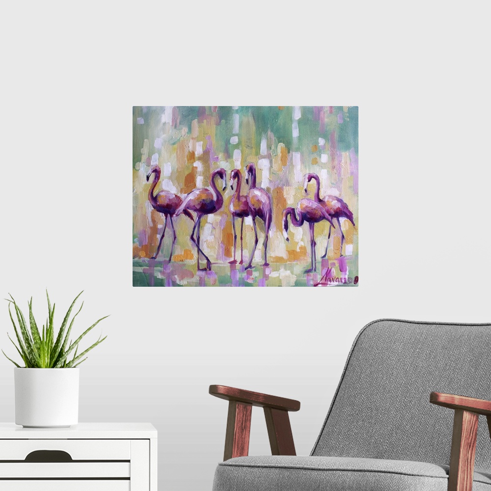 A modern room featuring Contemporary painting of flamingos against a colorful abstract background.
