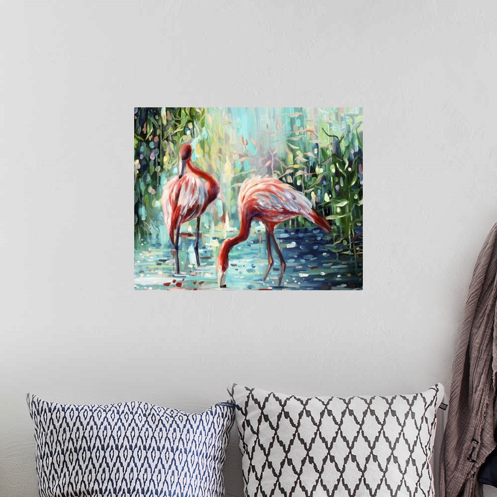 A bohemian room featuring Contemporary painting of flamingos standing in shallow jungle waters.