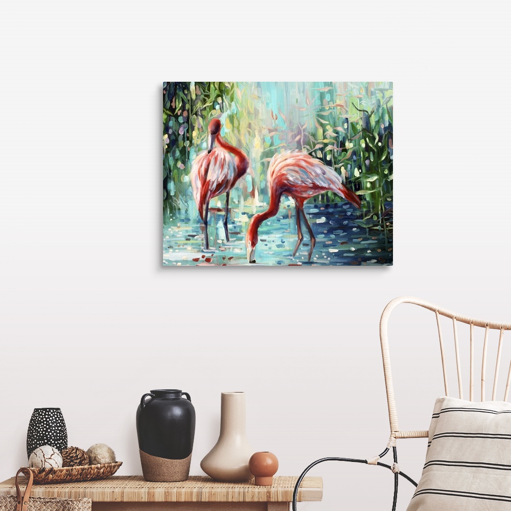 A farmhouse room featuring Contemporary painting of flamingos standing in shallow jungle waters.