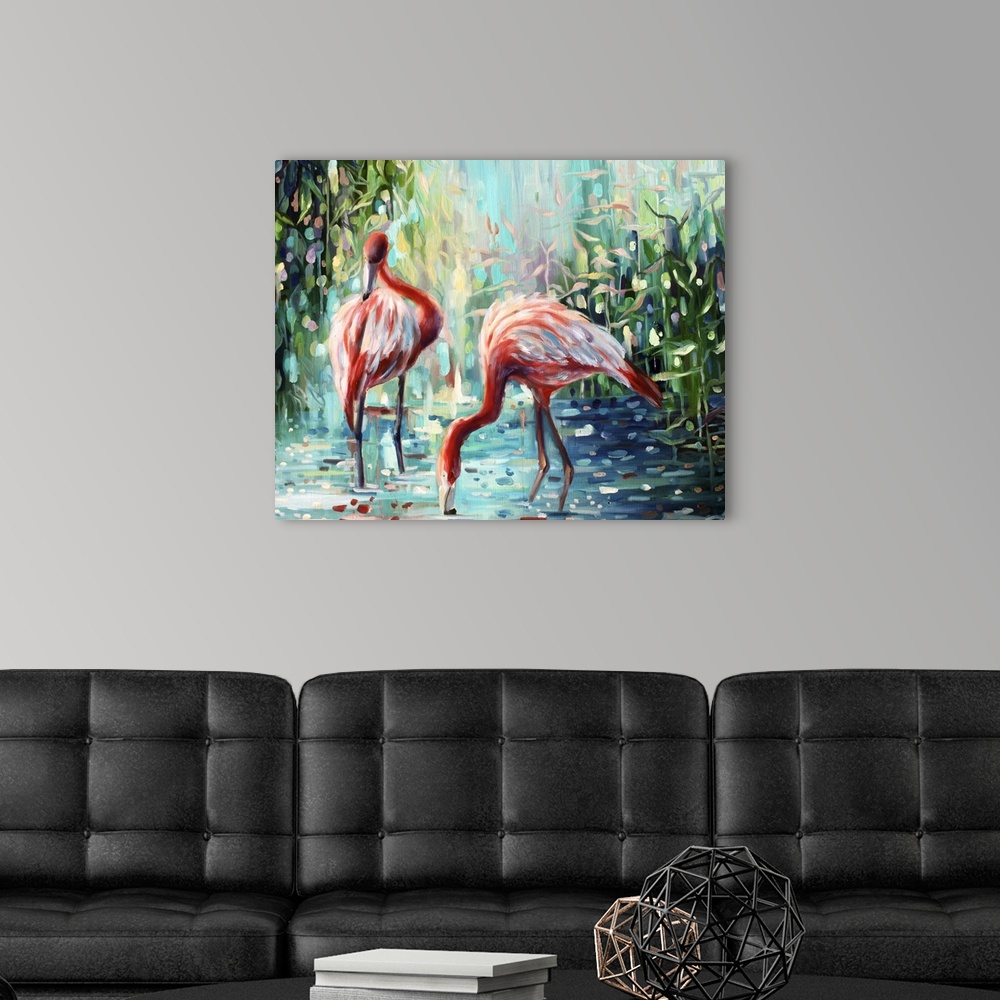 A modern room featuring Contemporary painting of flamingos standing in shallow jungle waters.