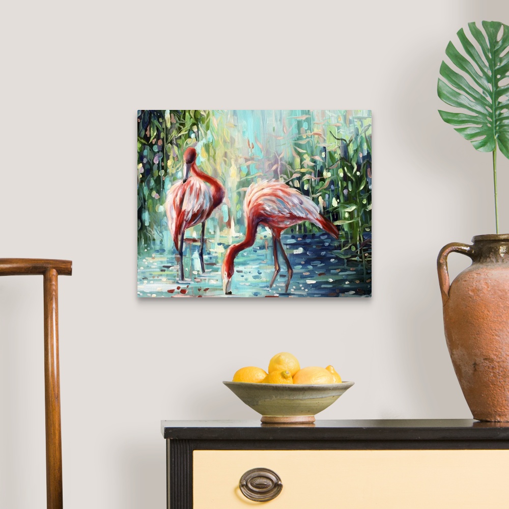 A traditional room featuring Contemporary painting of flamingos standing in shallow jungle waters.