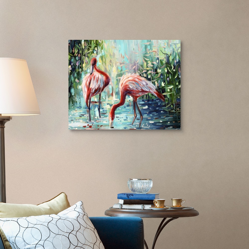 A traditional room featuring Contemporary painting of flamingos standing in shallow jungle waters.