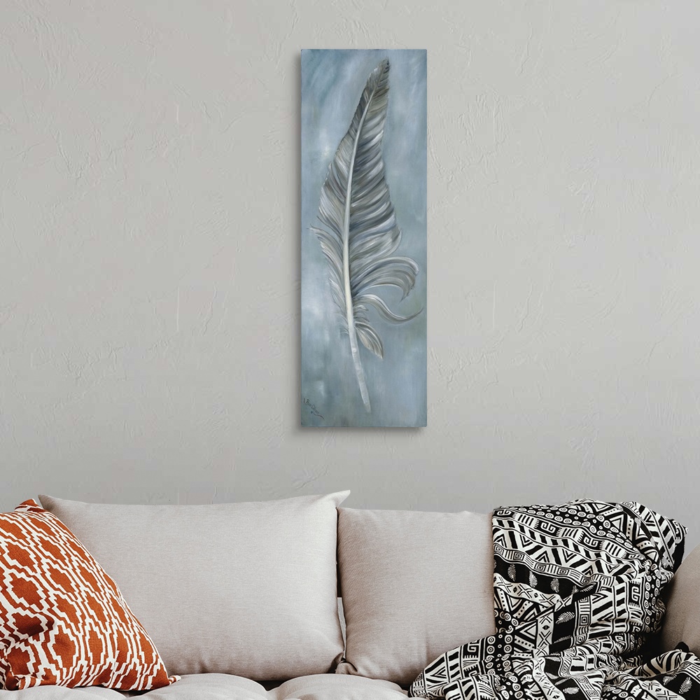 A bohemian room featuring Contemporary painting of a long wispy feather in blue and silver tones.