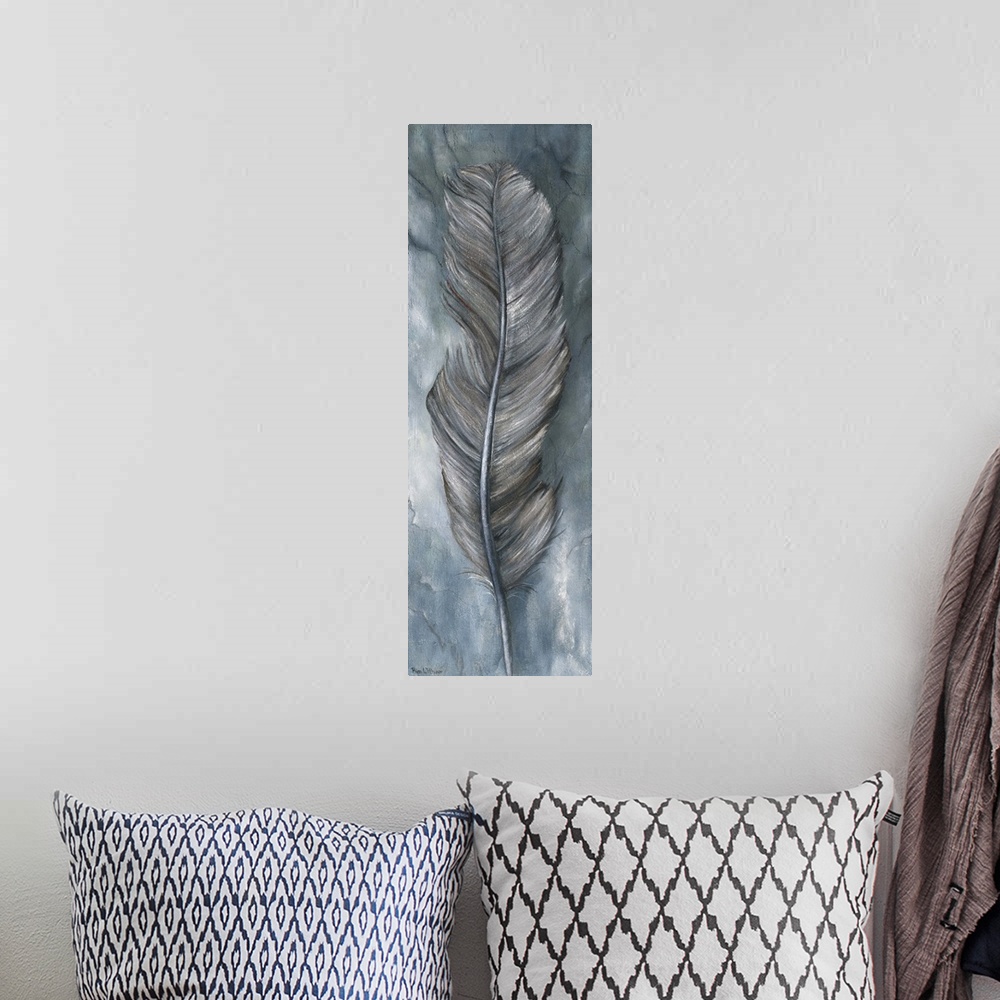 A bohemian room featuring Contemporary painting of a long wispy feather in blue and silver tones.