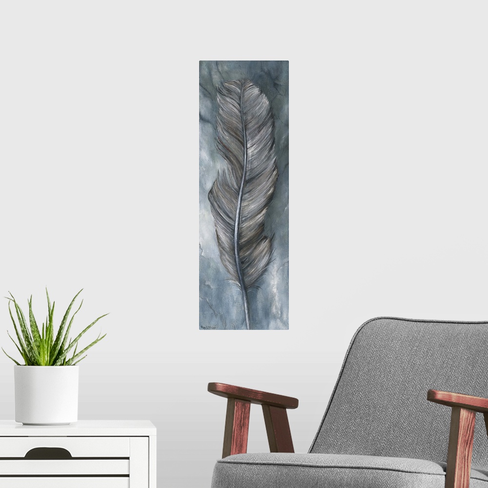 A modern room featuring Contemporary painting of a long wispy feather in blue and silver tones.