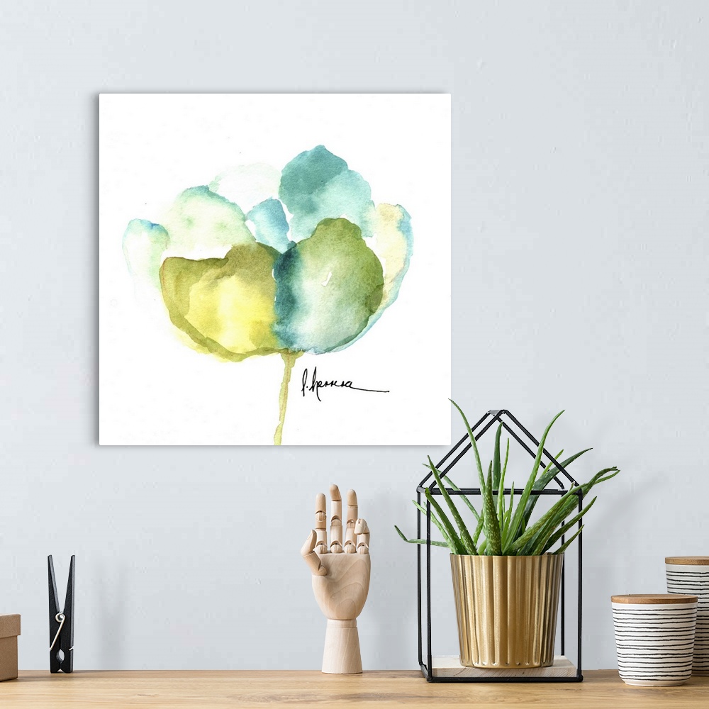 A bohemian room featuring Watercolor painting of a poppy flower in blue and green shades.
