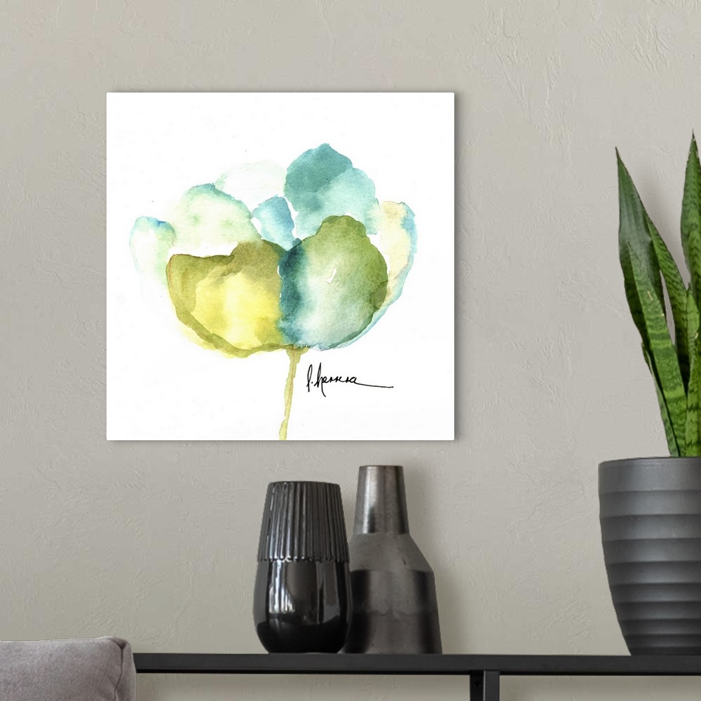 A modern room featuring Watercolor painting of a poppy flower in blue and green shades.