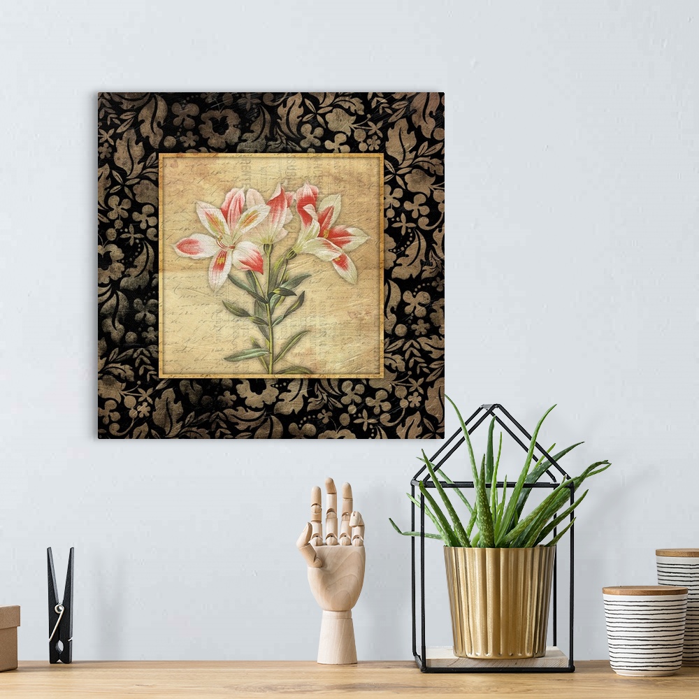 A bohemian room featuring Flower on weathered background, surrounded by floral pattern.