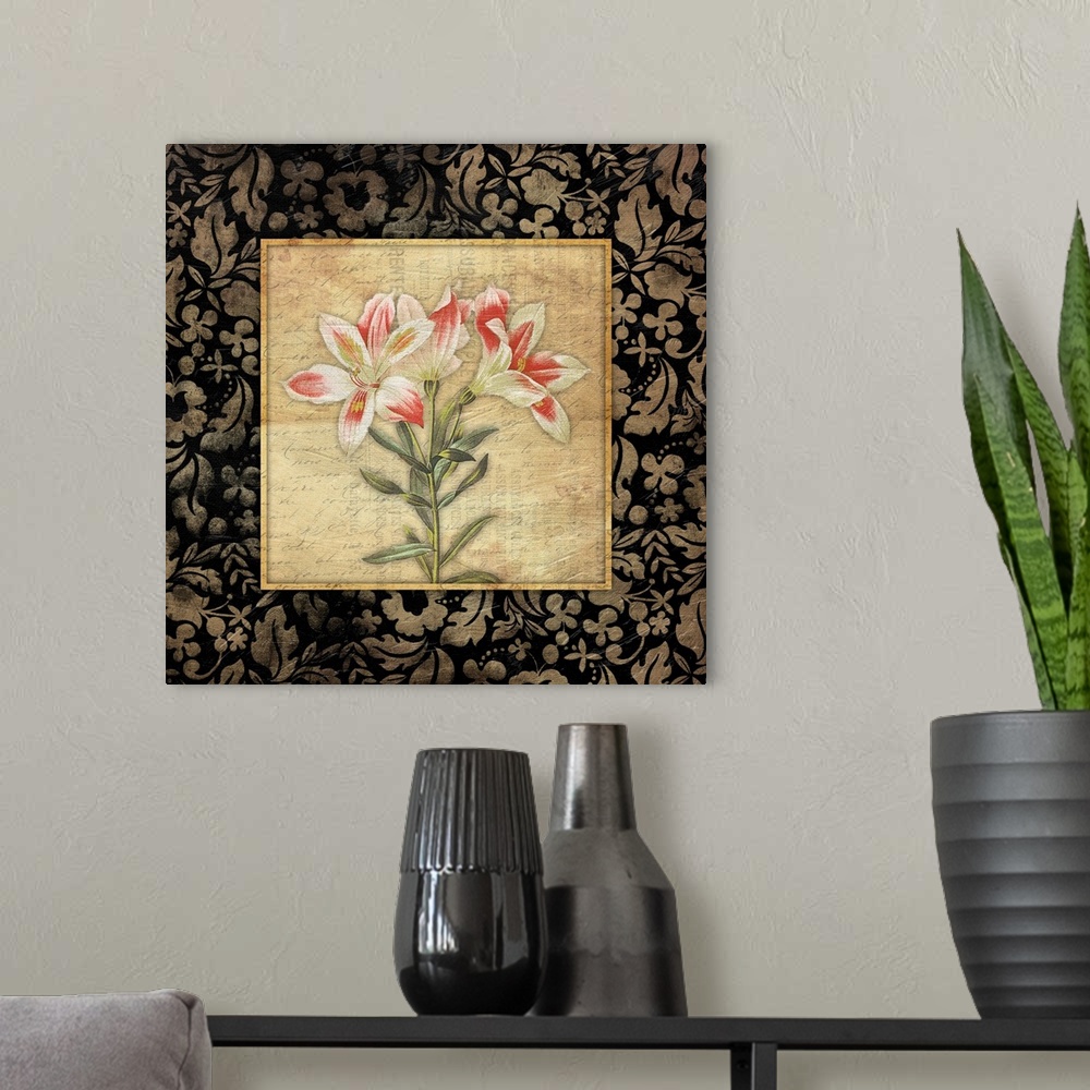 A modern room featuring Flower on weathered background, surrounded by floral pattern.