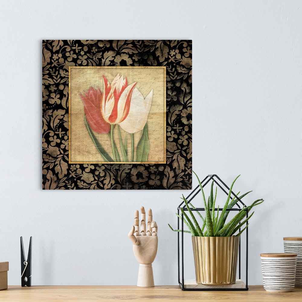A bohemian room featuring Flower on weathered background, surrounded by floral pattern.