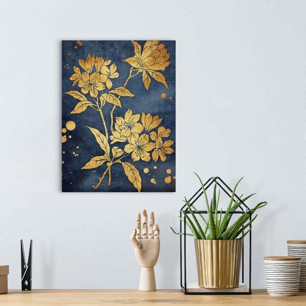 A bohemian room featuring Gold tone flowers illustrated on a navy blue background.
