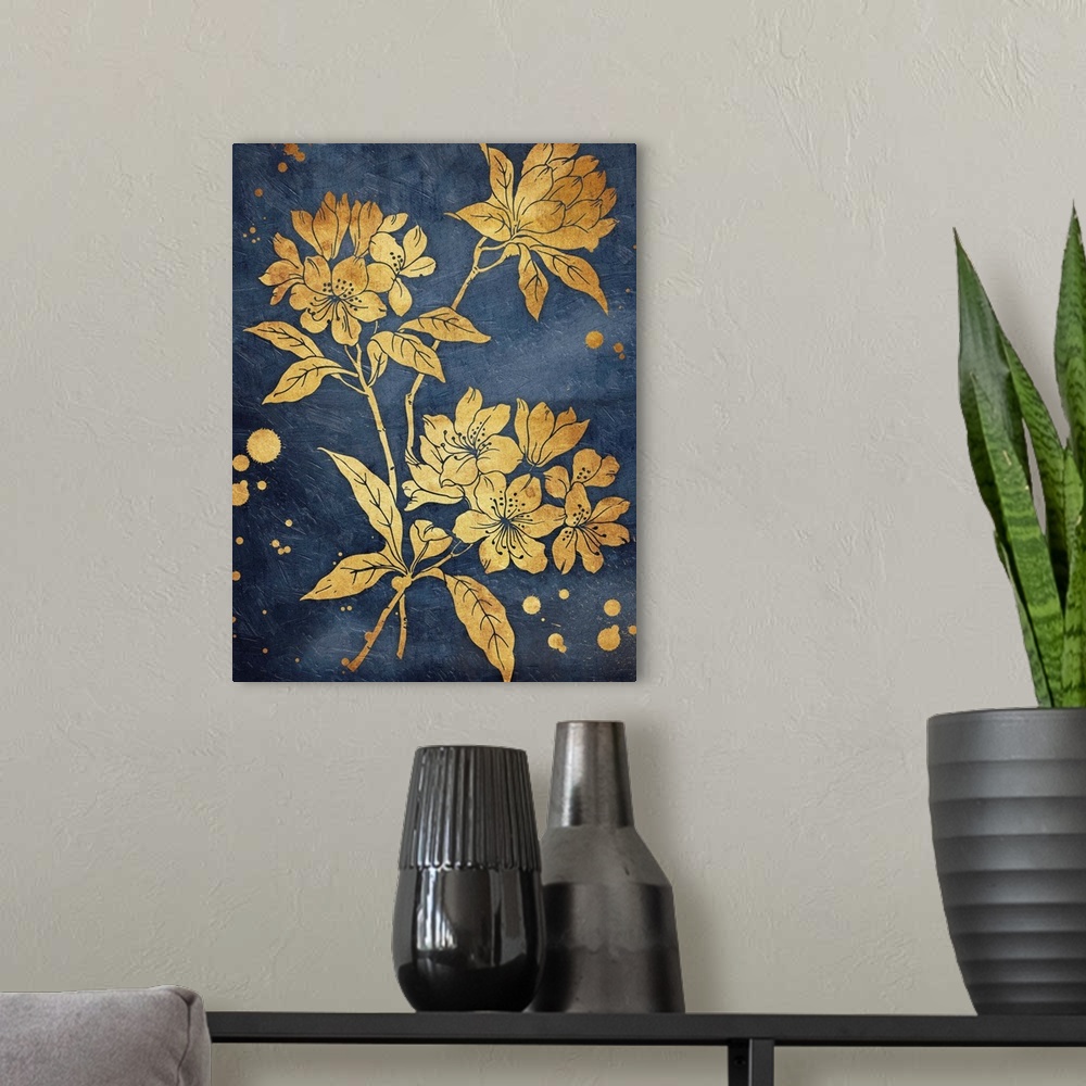 A modern room featuring Gold tone flowers illustrated on a navy blue background.