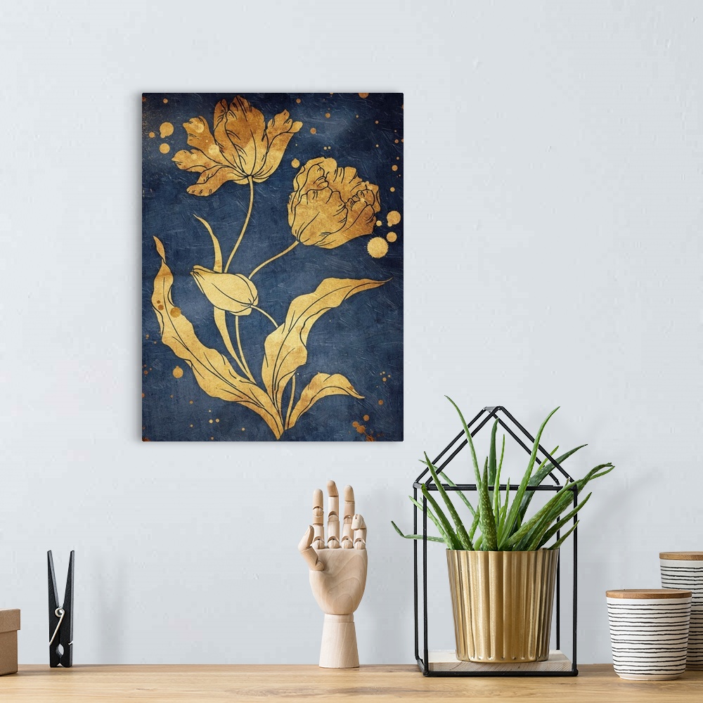 A bohemian room featuring Gold tone tulips illustrated on a navy blue background.
