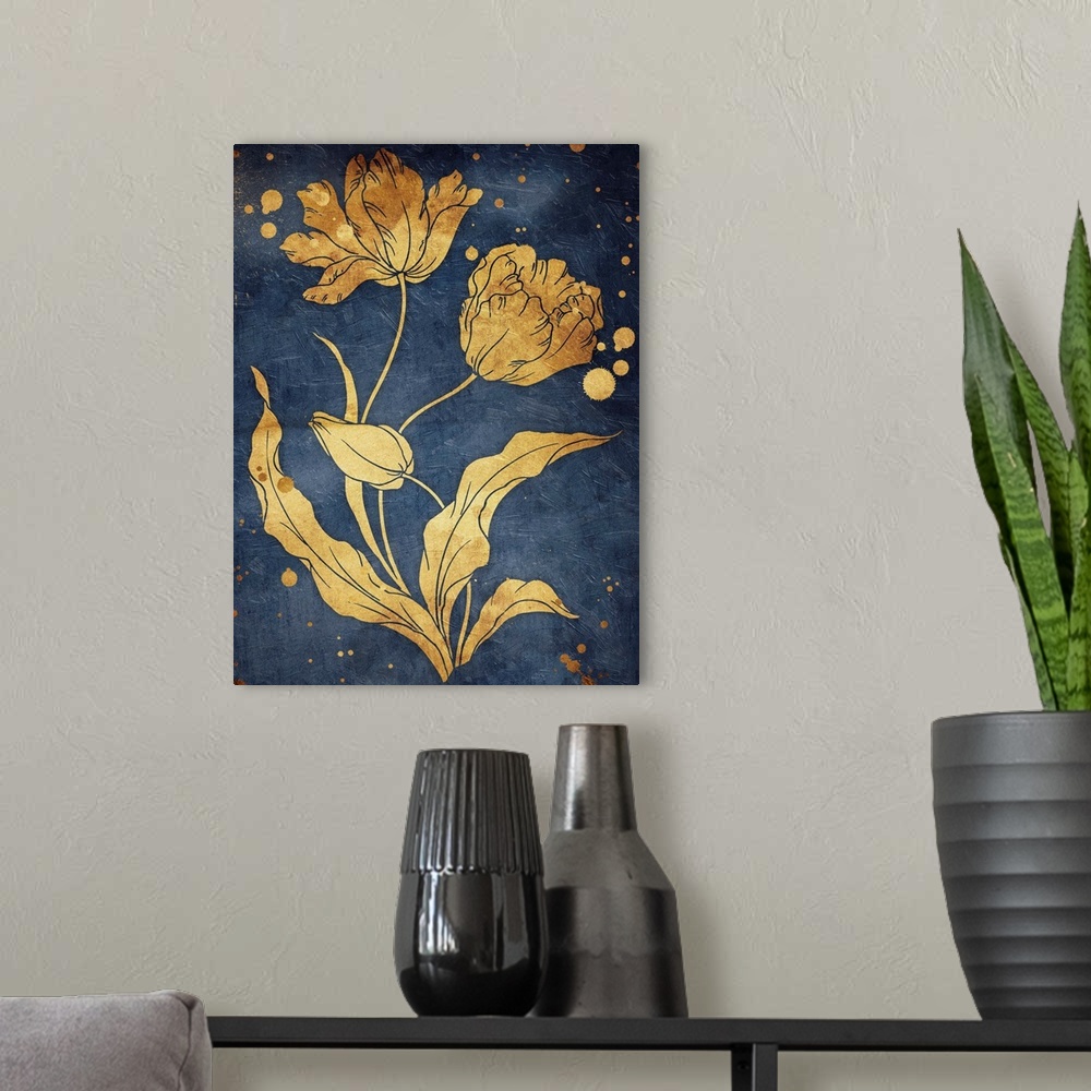 A modern room featuring Gold tone tulips illustrated on a navy blue background.