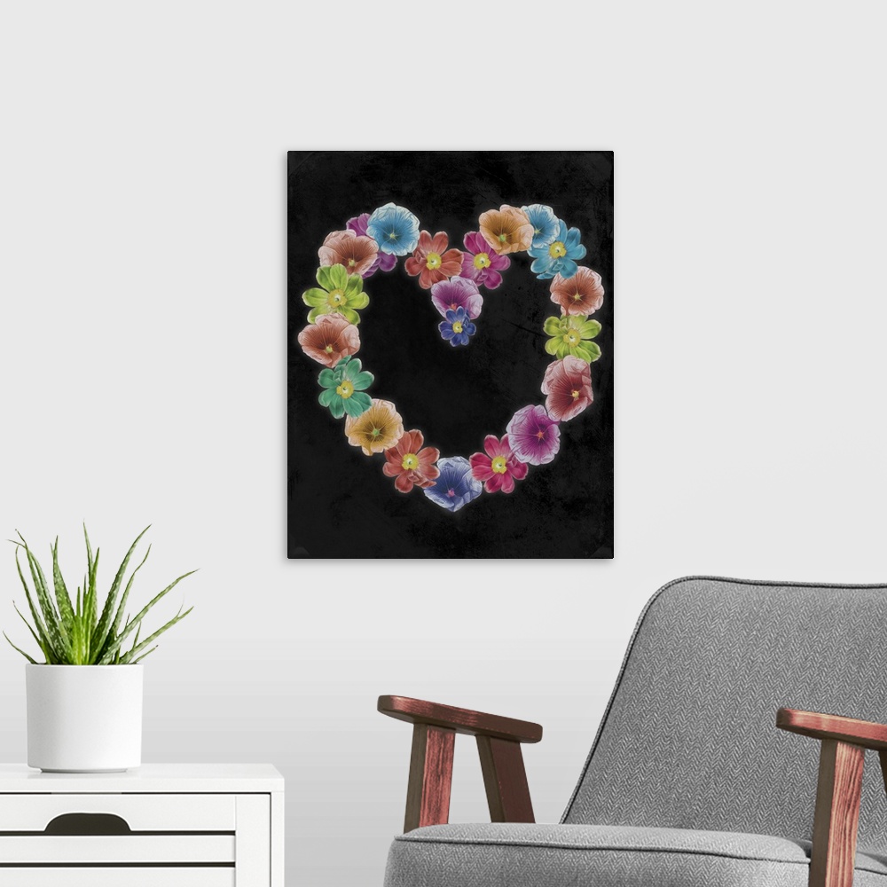 A modern room featuring Artwork of wreath in the shape of a heart made of tropical flowers, against a black background.
