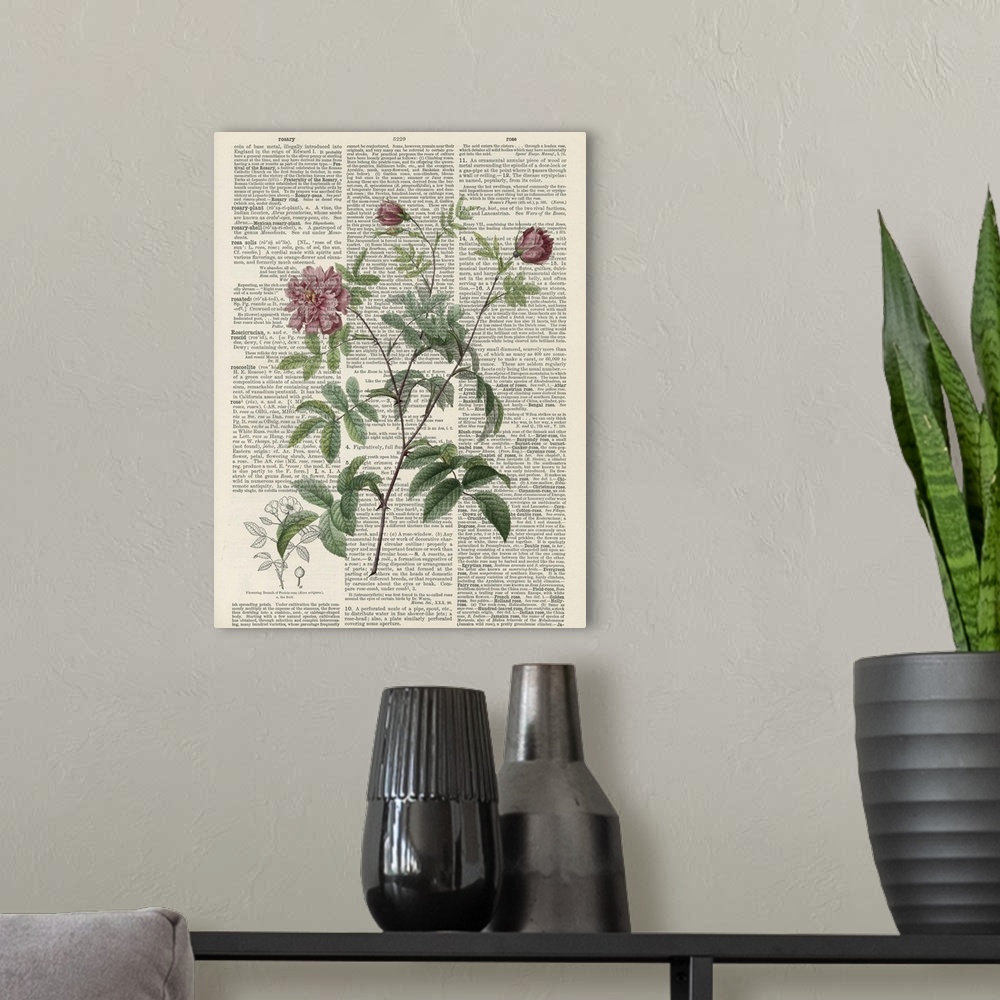A modern room featuring Vintage style artwork of dictionary page with a flower in the center of the image.
