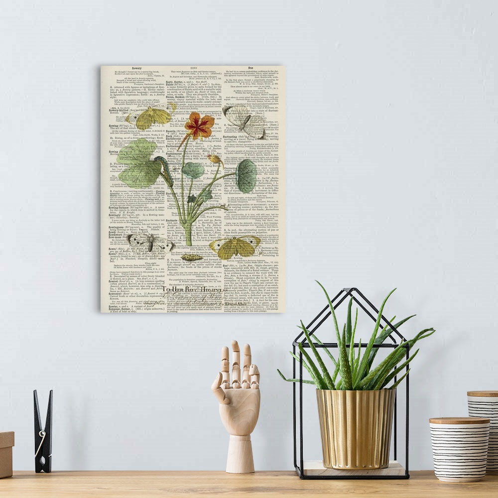 A bohemian room featuring Vintage style artwork of dictionary page with a flower in the center of the image. With butterfli...