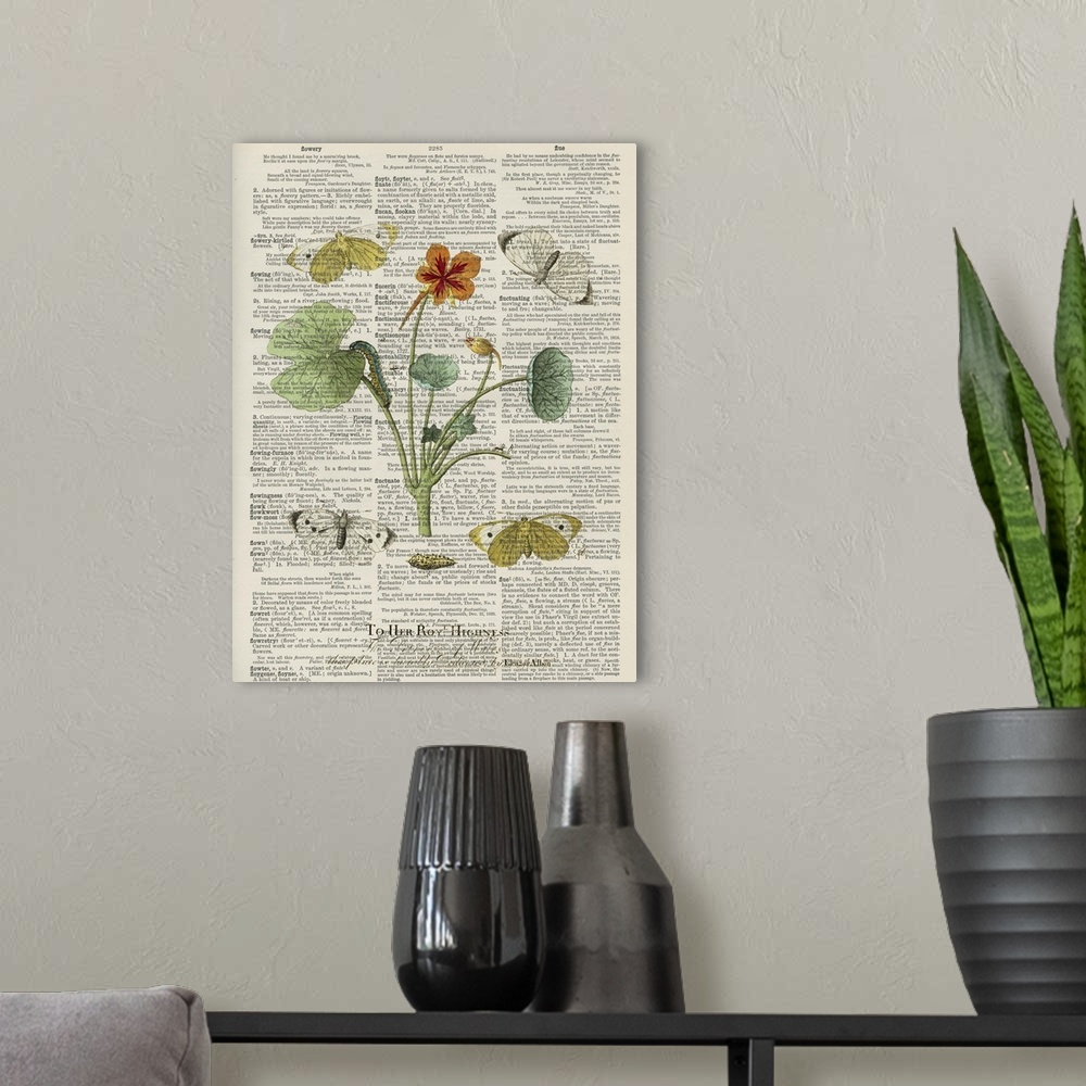 A modern room featuring Vintage style artwork of dictionary page with a flower in the center of the image. With butterfli...