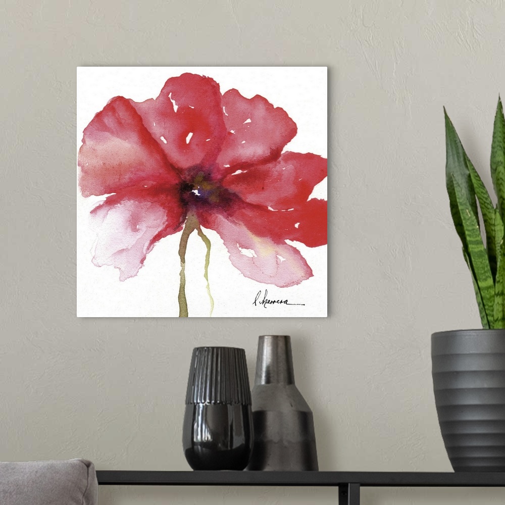 A modern room featuring Watercolor painting of a large red flower.
