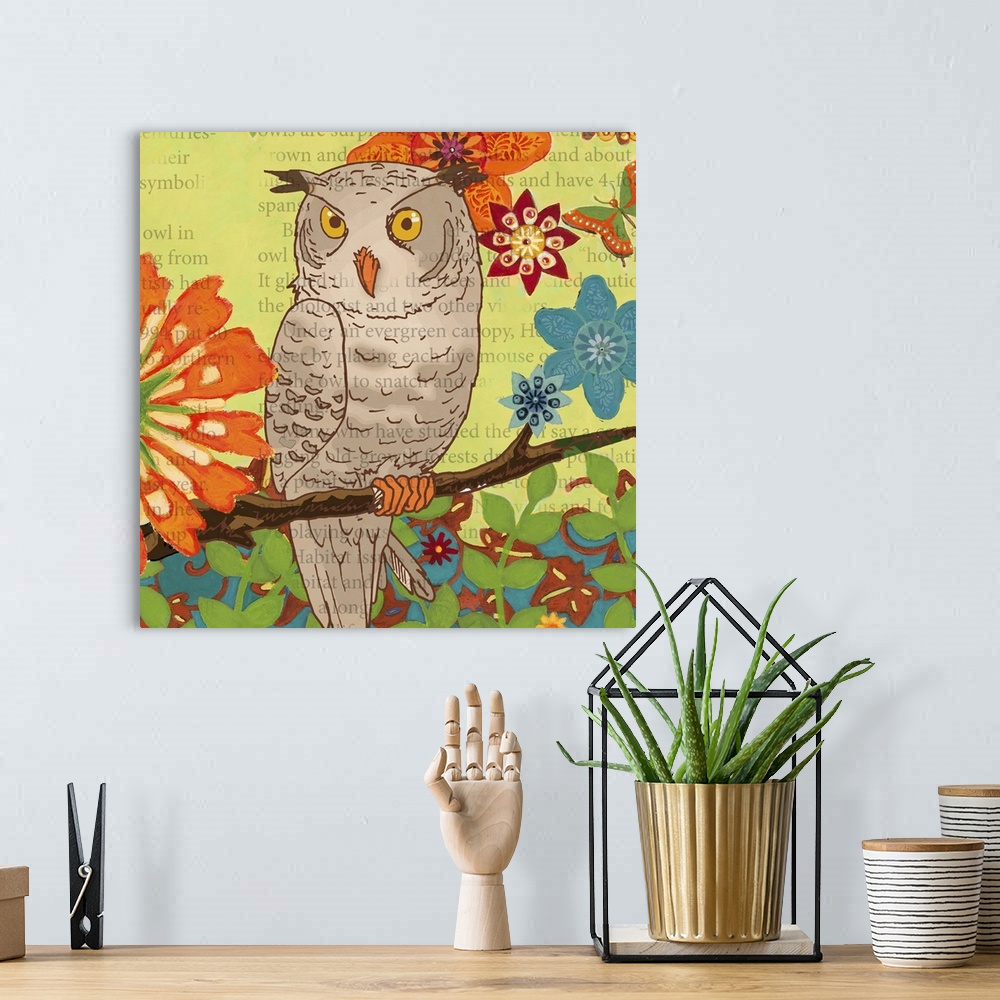 A bohemian room featuring Illustrative owl perched on a tree branch, with colorful flowers hovering in the background.