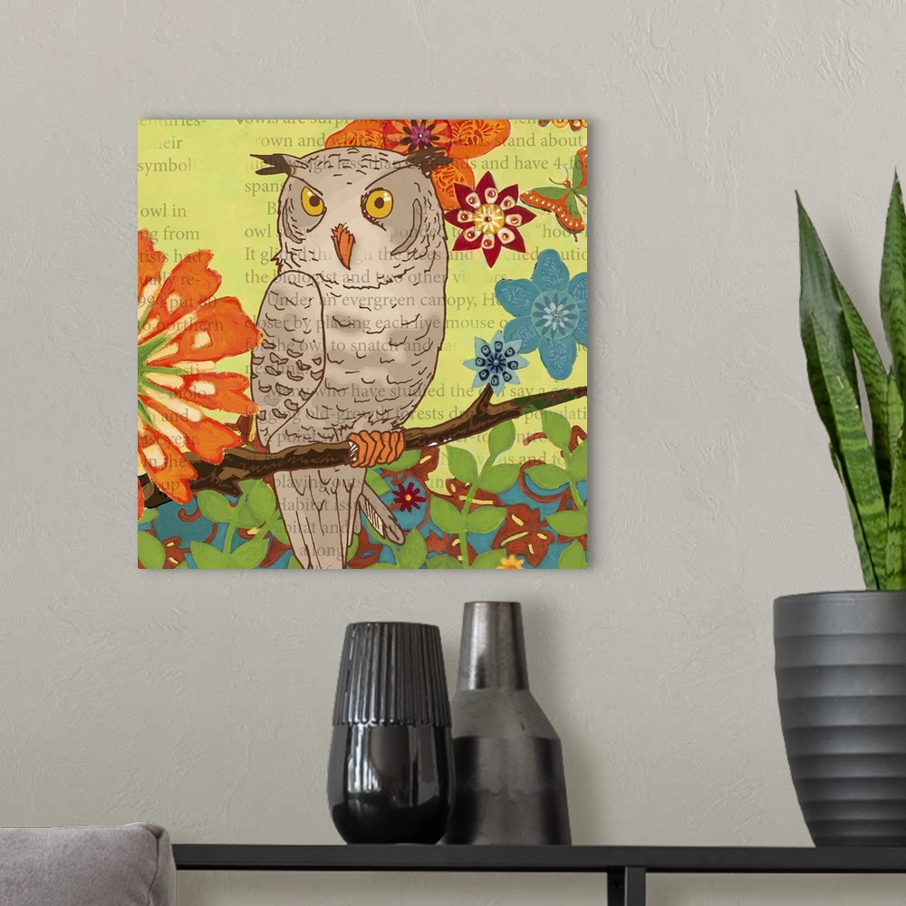 A modern room featuring Illustrative owl perched on a tree branch, with colorful flowers hovering in the background.