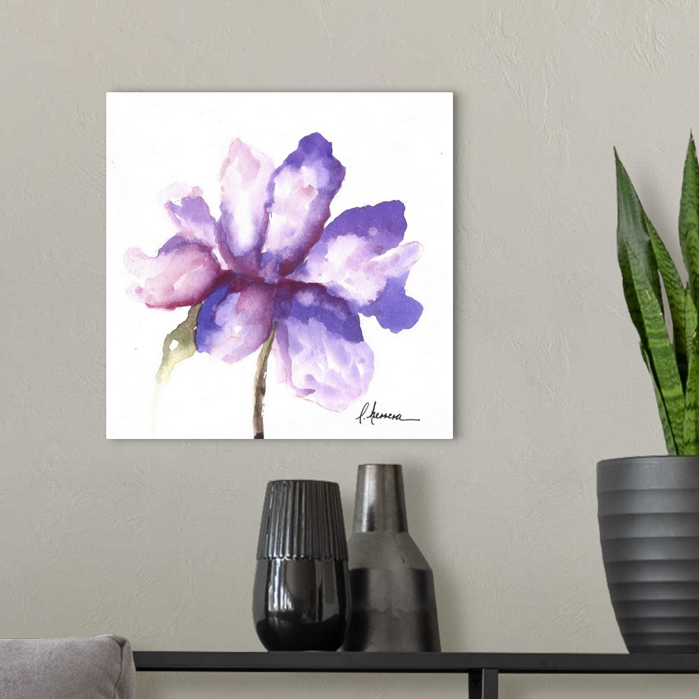 A modern room featuring Watercolor painting of a purple flower with large petals.