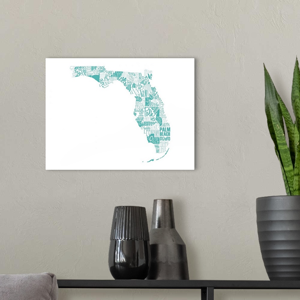 A modern room featuring Contemporary painting using typography to make the shape of the state of Florida.