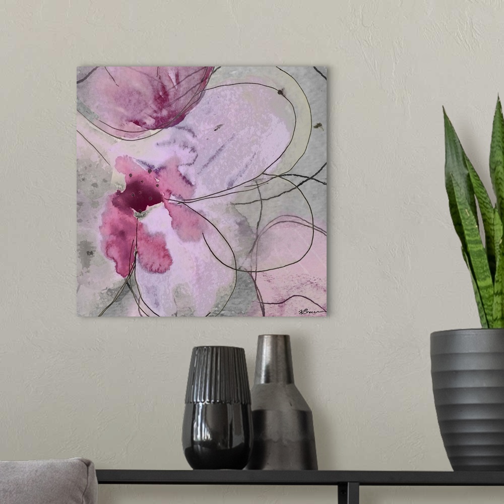 A modern room featuring Contemporary home decor artwork of pink abstract flowers.