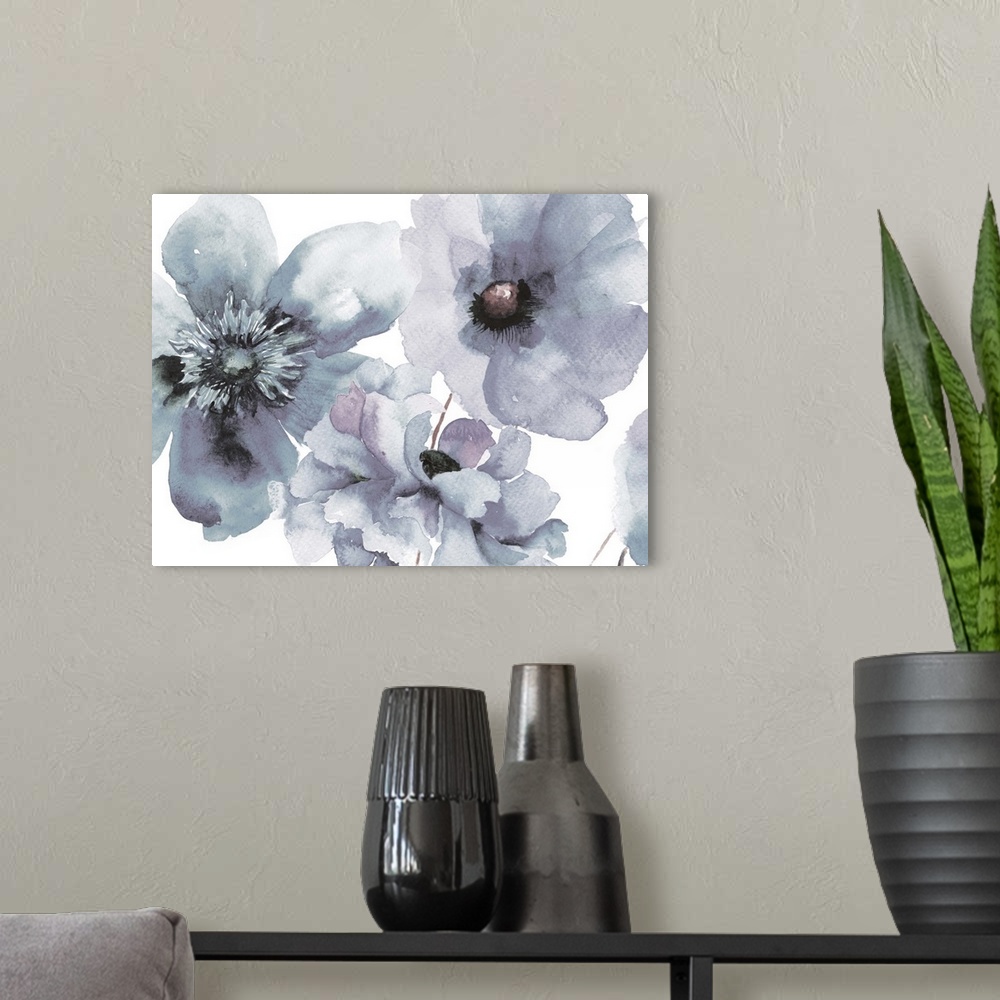 A modern room featuring Contemporary watercolor painting of pale blue flowers with broad petals.