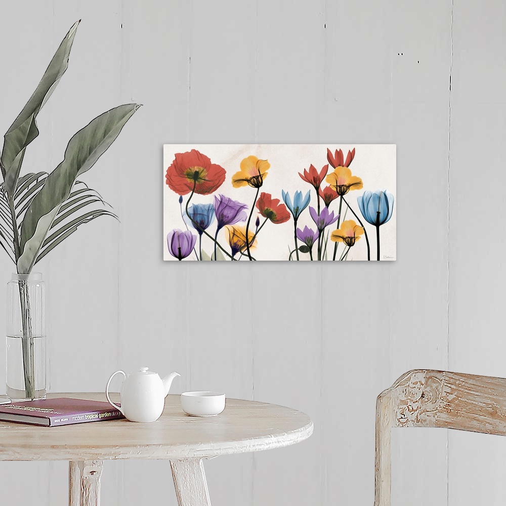A farmhouse room featuring X-ray photograph of spring time colorful flowers.