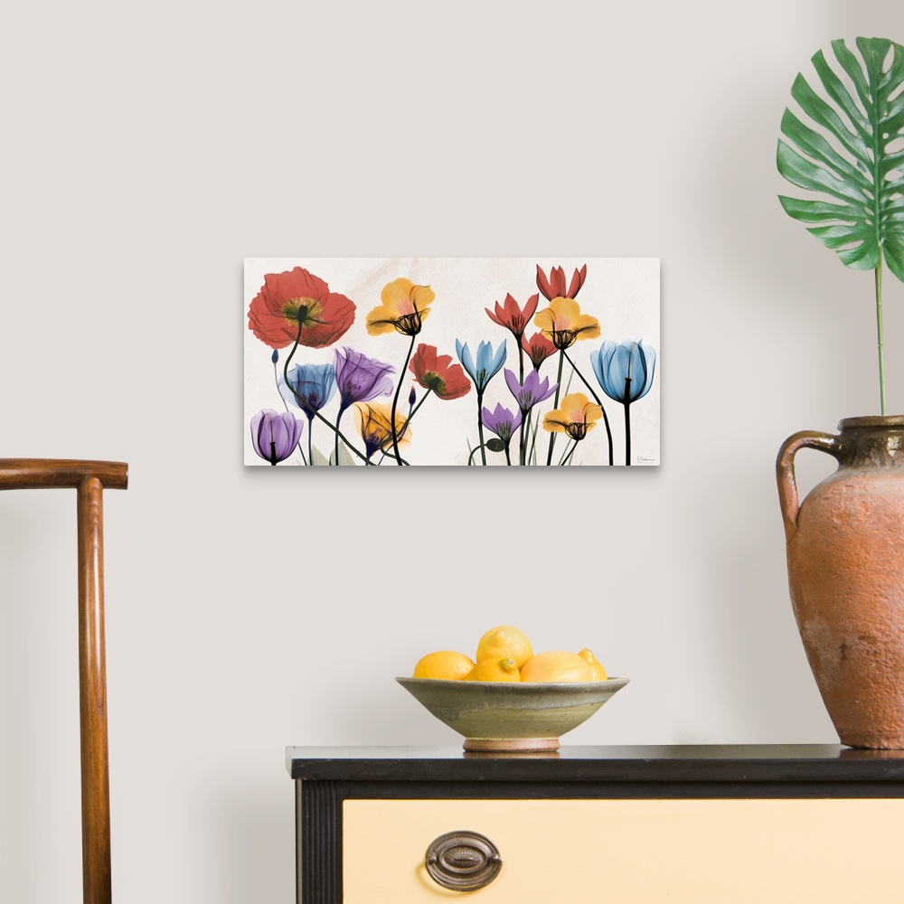 A traditional room featuring X-ray photograph of spring time colorful flowers.