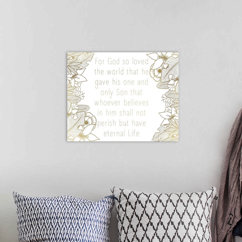 A bohemian room featuring A simple Bible Verse bordered on both sides with a sepia toned floral motif.