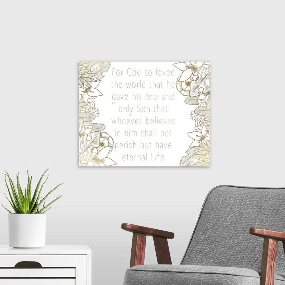A modern room featuring A simple Bible Verse bordered on both sides with a sepia toned floral motif.