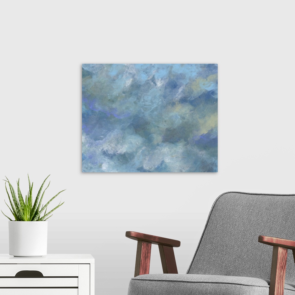 A modern room featuring Contemporary painting of a cloudy sky in shades of blue and grey.