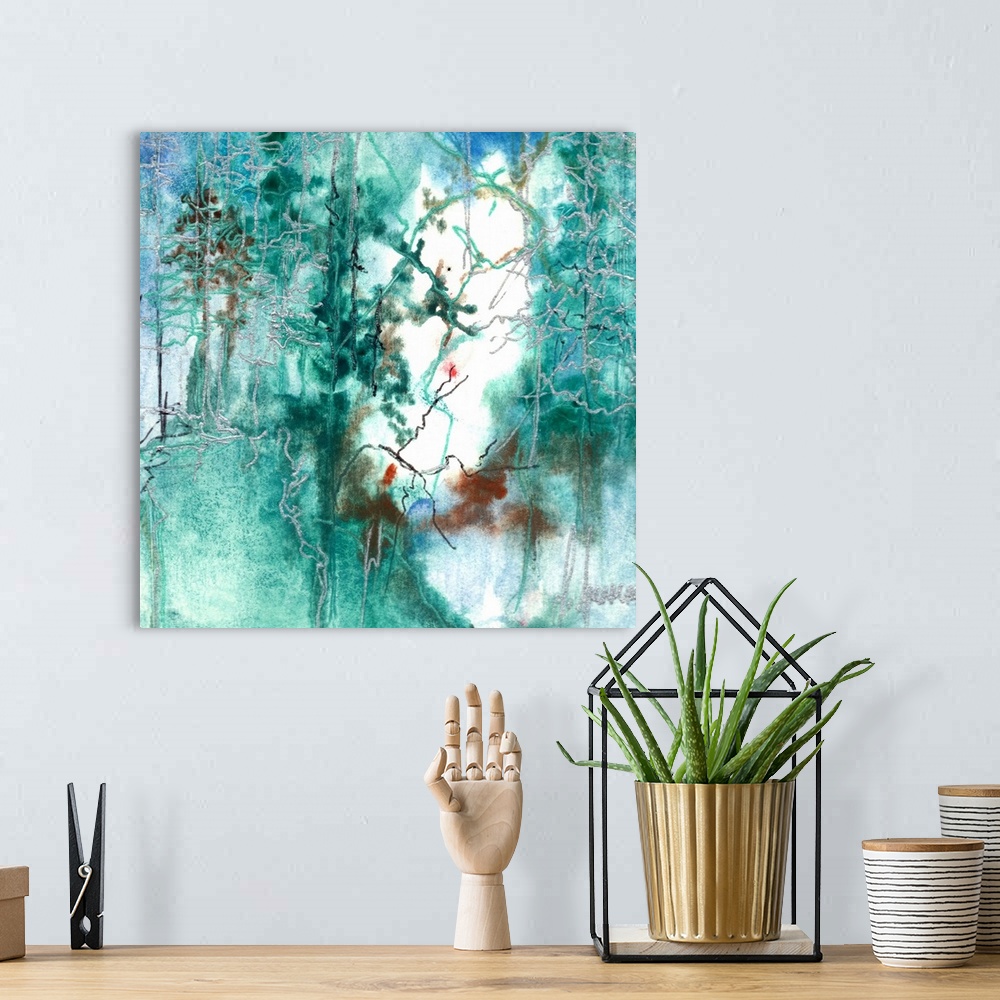 A bohemian room featuring Contemporary abstract painting using vibrant cool tones of green and blue.
