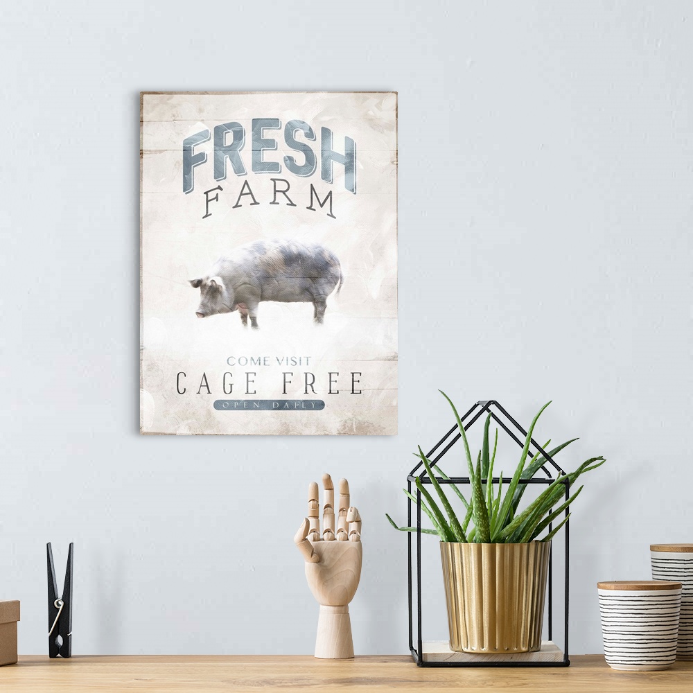 A bohemian room featuring "Fresh Farm, Come Visit, Cage Free, Open Daily" with an image of a pig.