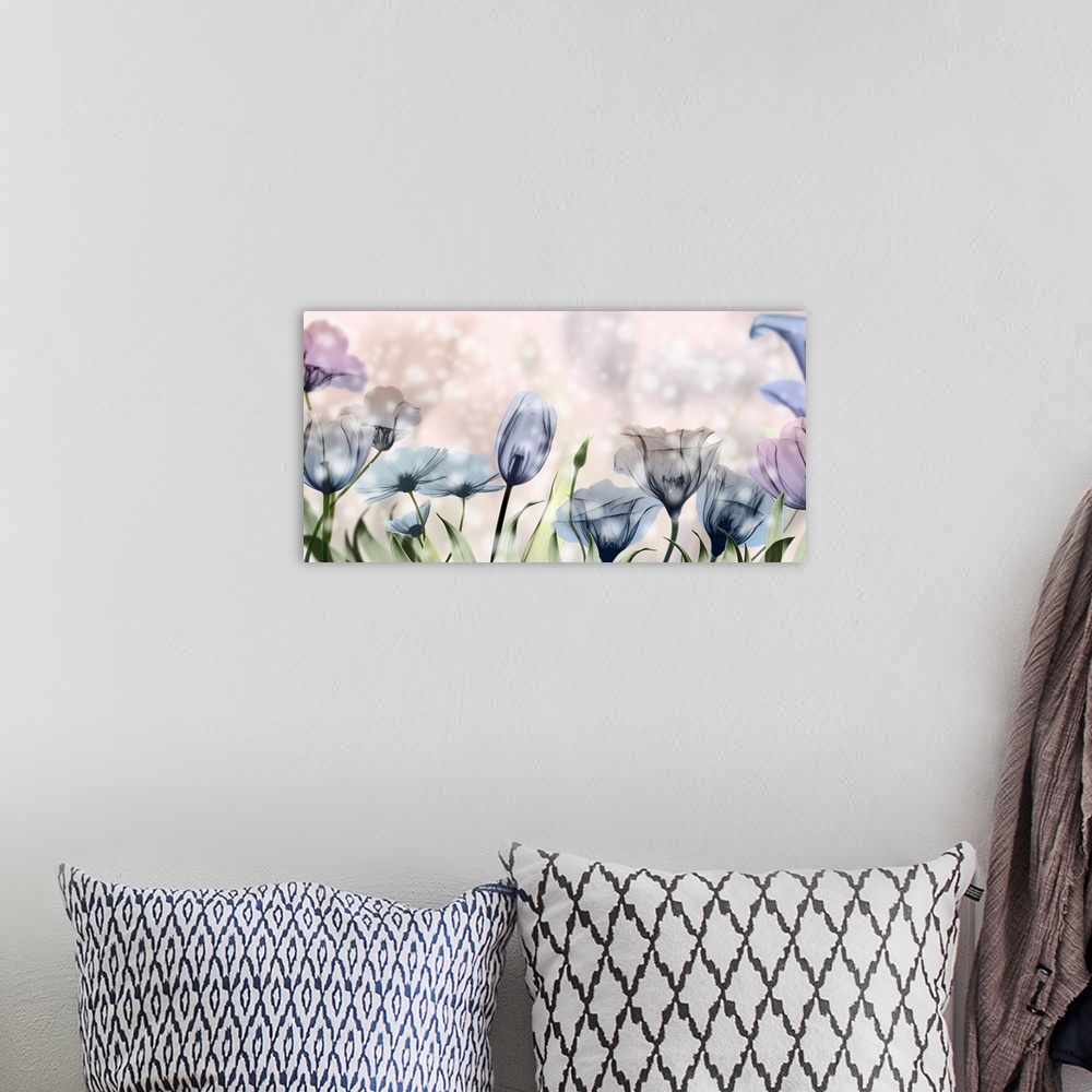 A bohemian room featuring X-ray style photograph of pink and blue flowers in a garden with bokeh lights.