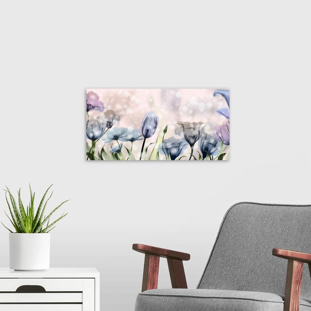 A modern room featuring X-ray style photograph of pink and blue flowers in a garden with bokeh lights.