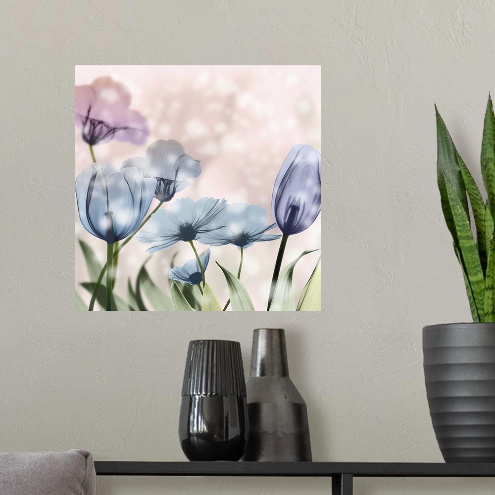 A modern room featuring X-ray style photograph of blooming flowers in pink and blue with bokeh lights.