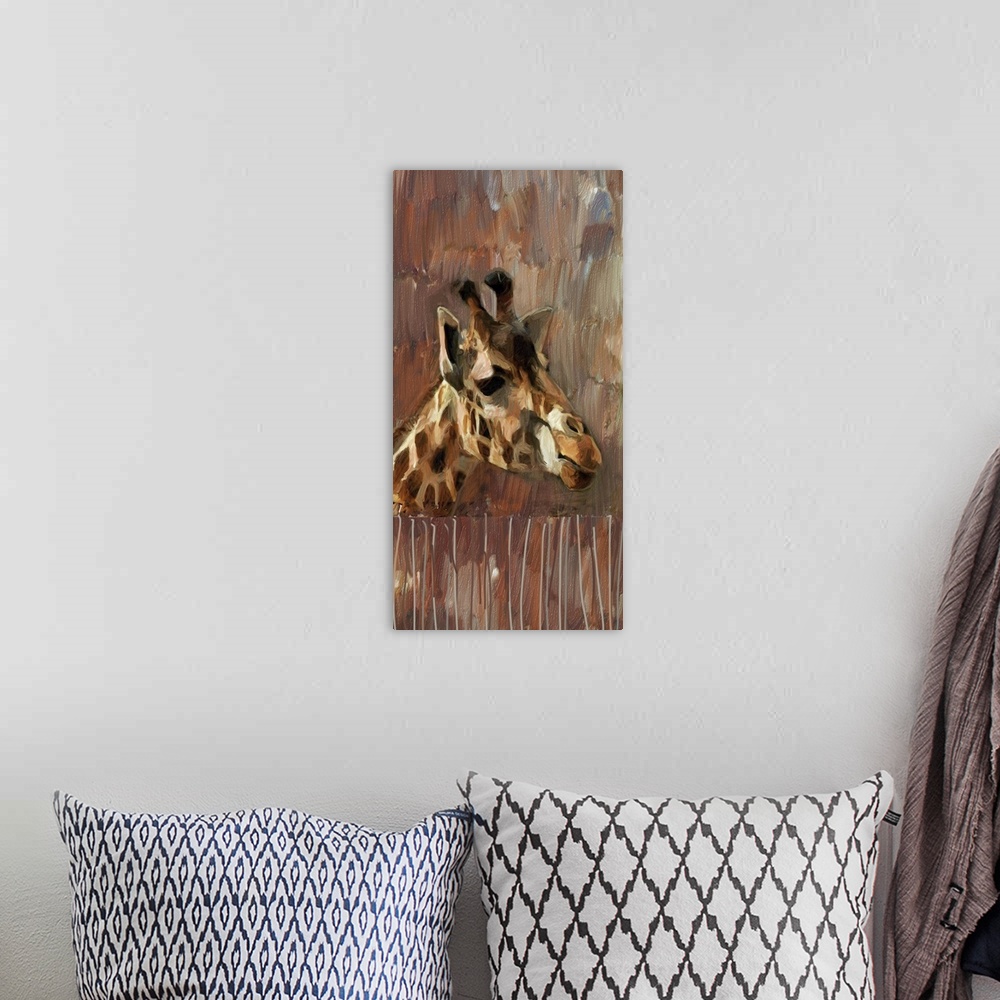 A bohemian room featuring Portrait of a giraffe in low light on brown.