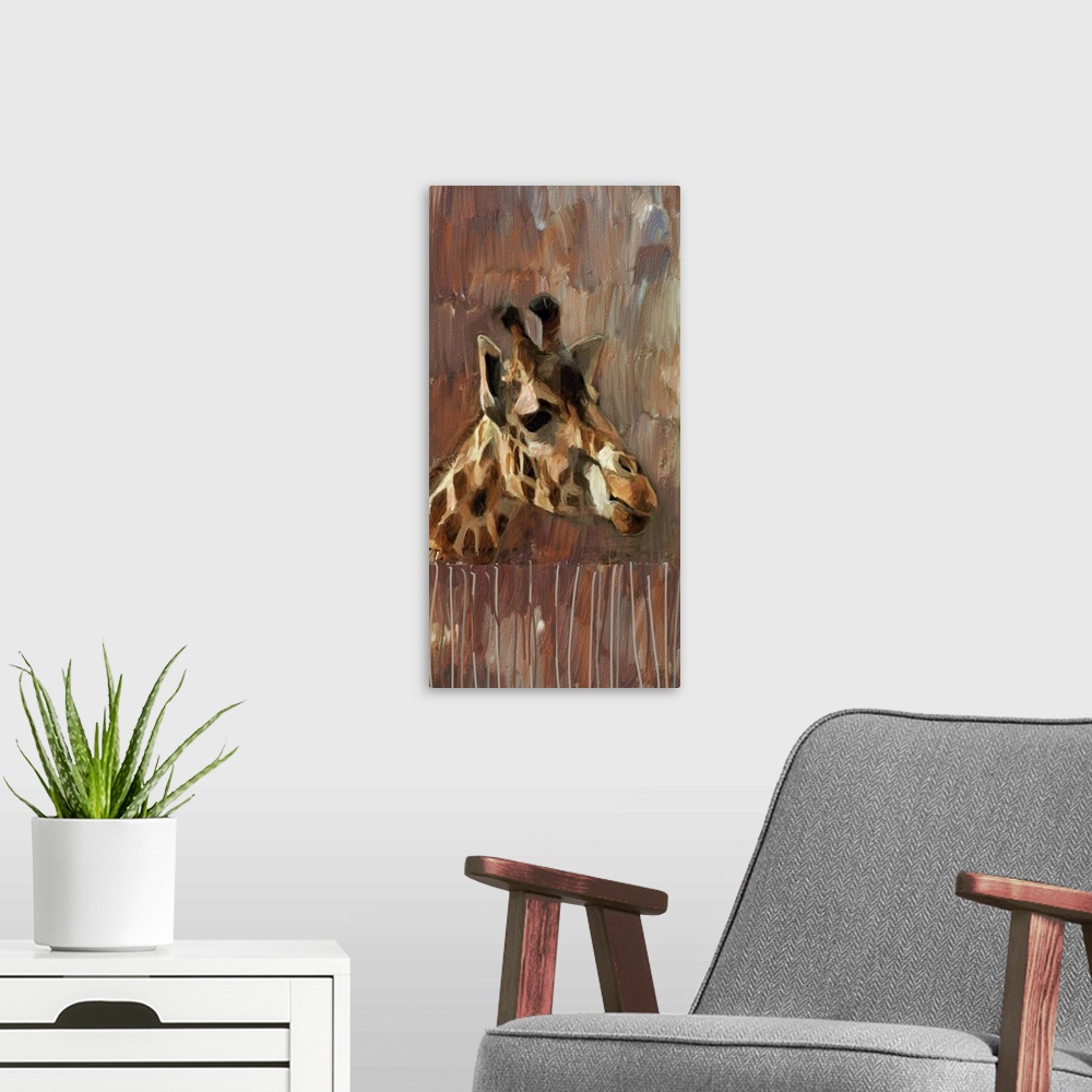 A modern room featuring Portrait of a giraffe in low light on brown.