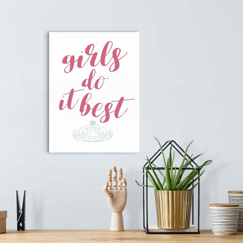 A bohemian room featuring Girl's room themed typography artwork with a crown design.