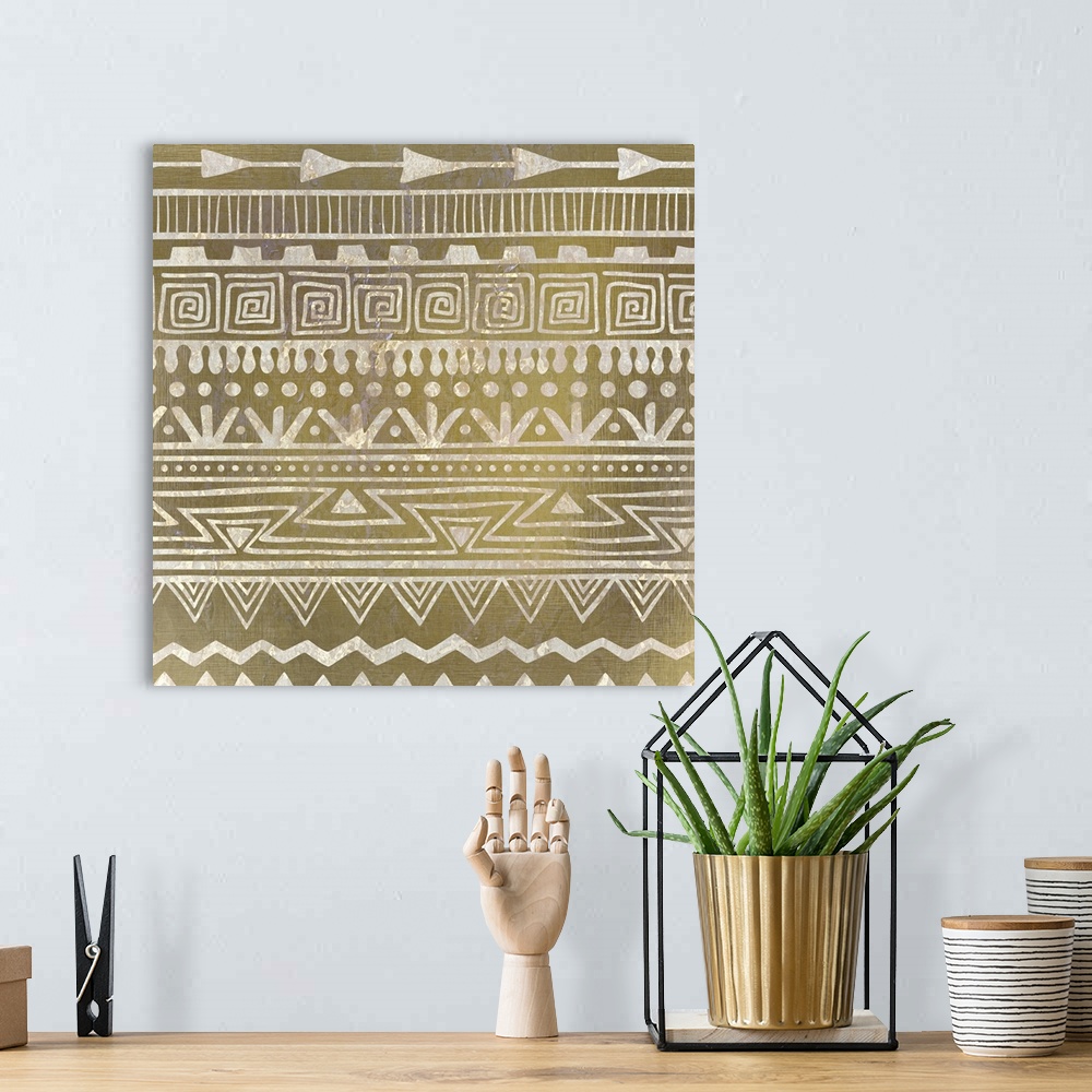 A bohemian room featuring Golden tribal style design in a geometric pattern.