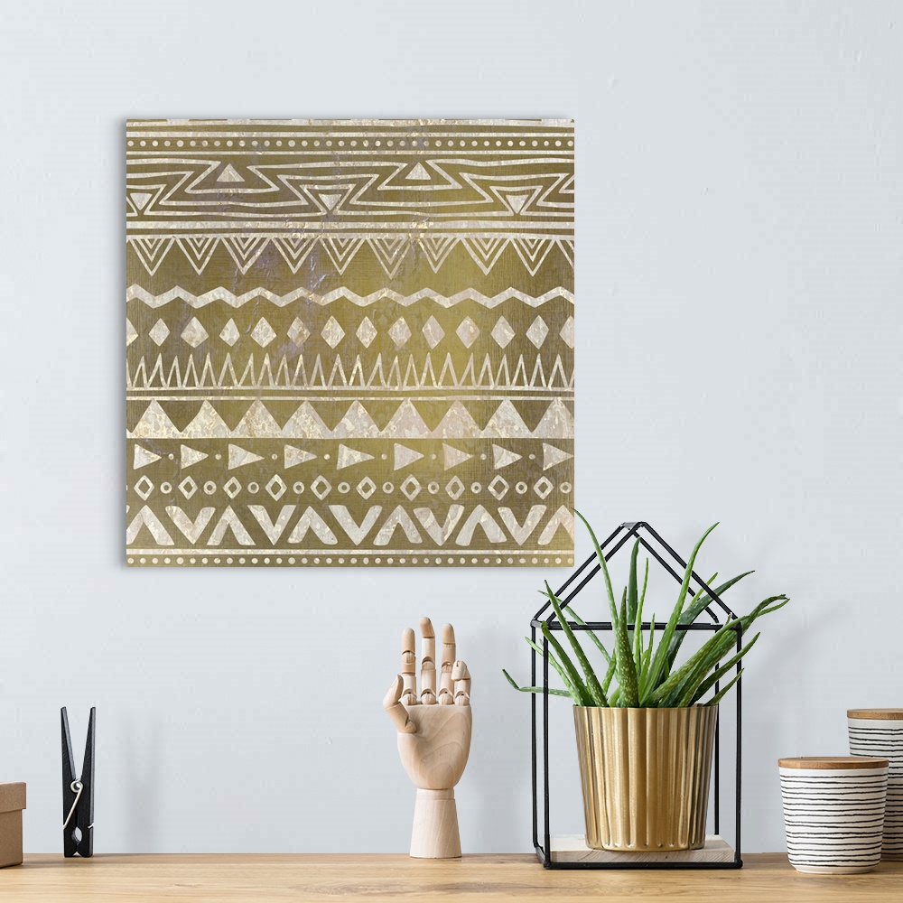 A bohemian room featuring Golden tribal style design in a geometric pattern.