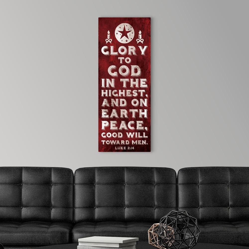 A modern room featuring Vertical Christmas themed typography art of the Bible verse Luke 2:14 in white text on red.