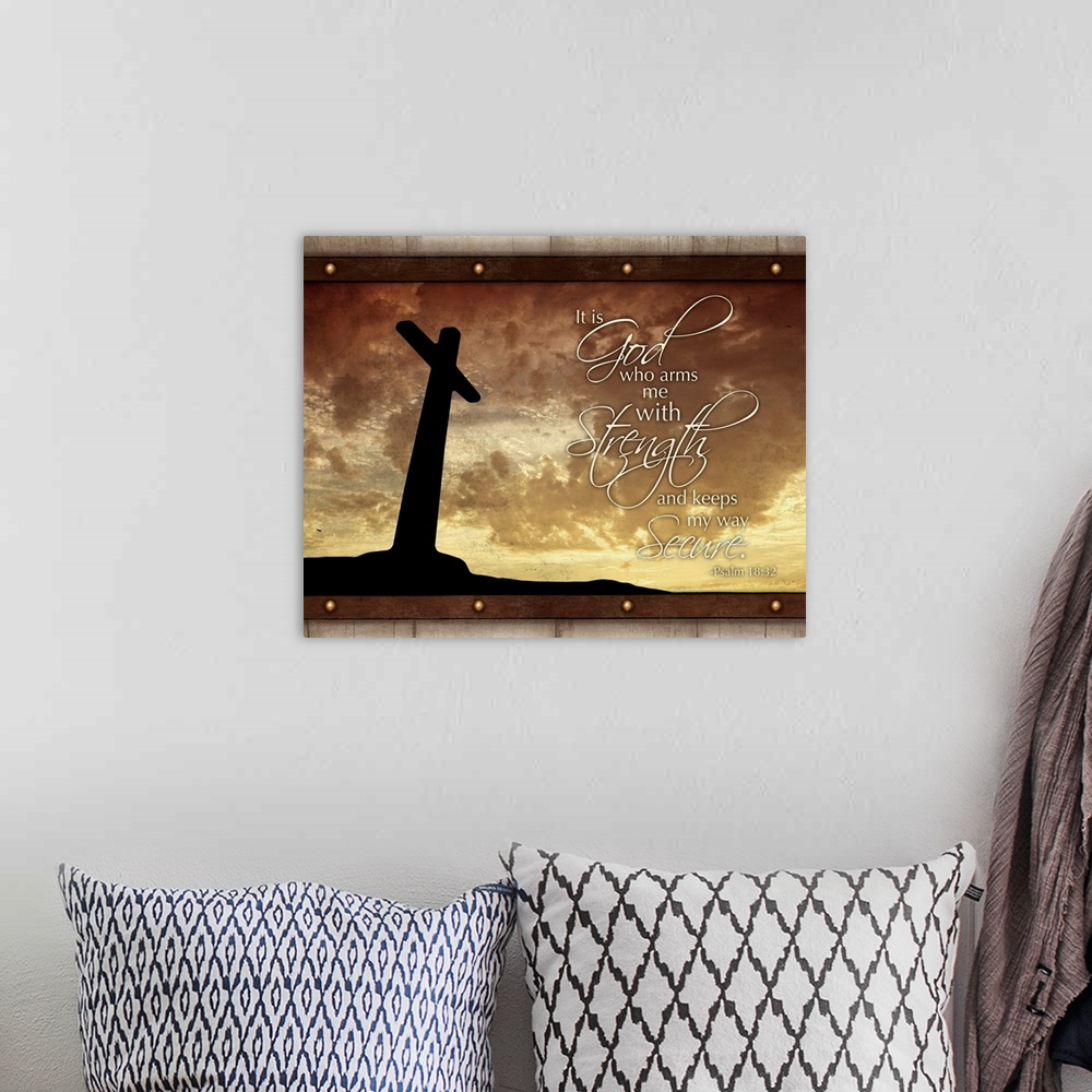 A bohemian room featuring Scripture art with the silhouette of a giant cross in the background, against a sunset sky