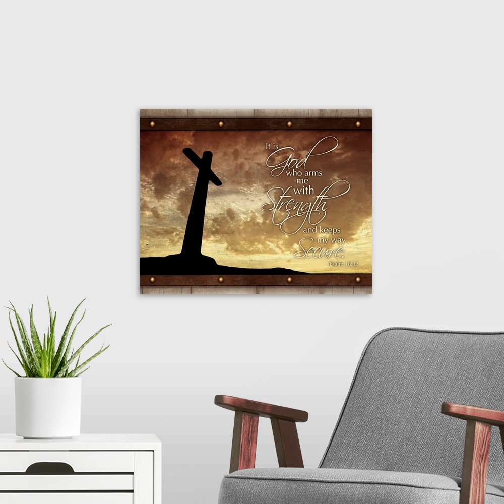 A modern room featuring Scripture art with the silhouette of a giant cross in the background, against a sunset sky