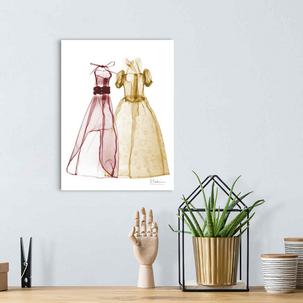 A bohemian room featuring Vertical x-ray photograph of two dresses, against a light background.