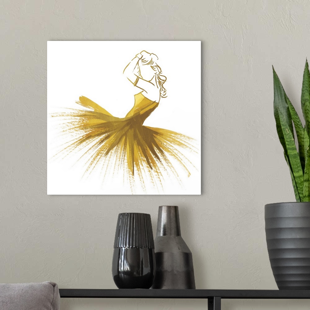 A modern room featuring Gold illustration of a woman wearing a yellow and gold dress.